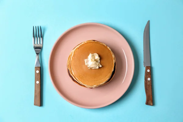 Plate Hot Tasty Pancakes Butter Color Background — Stock Photo, Image