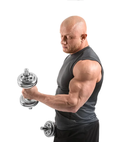 Muscular Culturista Con Mancuernas Sobre Fondo Blanco —  Fotos de Stock