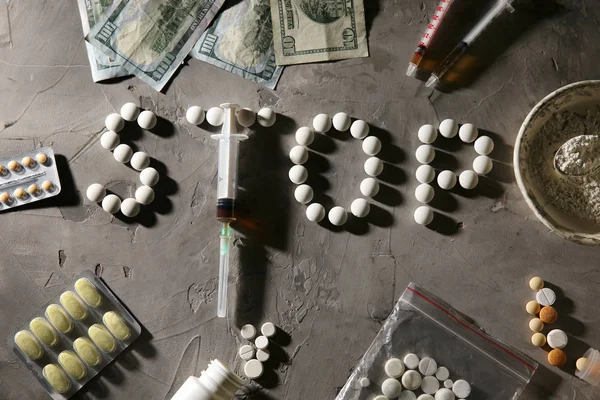 Word Stop Made Drugs Syringe Grey Background Concept Addiction — Stock Photo, Image