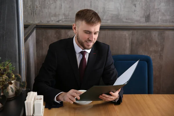 Young Man Looking Menu Restaurant — Stock Photo, Image