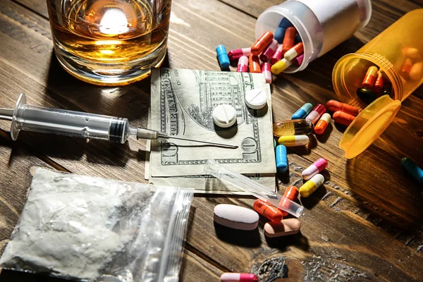 Drugs Money Alcohol Wooden Background Concept Addiction — Stock Photo, Image