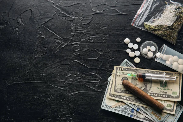 Drugs Cigar Money Dark Background Concept Addiction — Stock Photo, Image