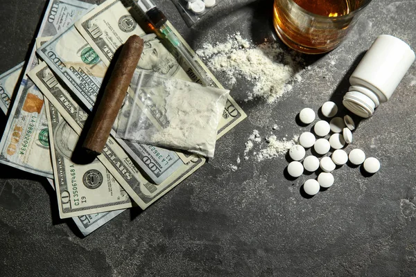 Drugs Alcohol Money Grey Background Concept Addiction — Stock Photo, Image