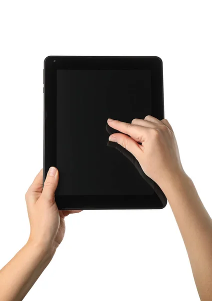 Jonge Vrouw Gebruiken Tablet Witte Achtergrond — Stockfoto