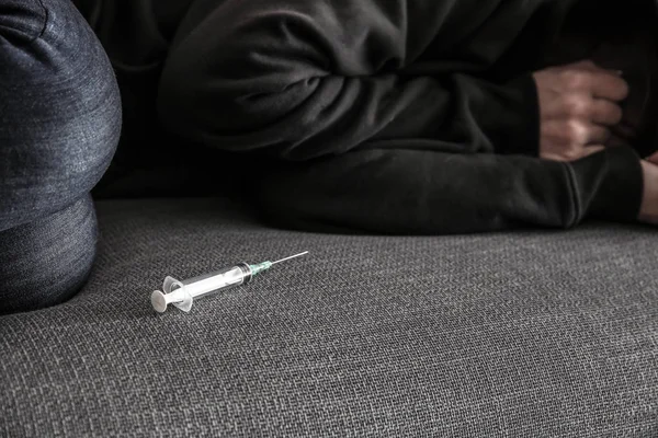 Female Junkie Syringe Home Concept Addiction — Stock Photo, Image