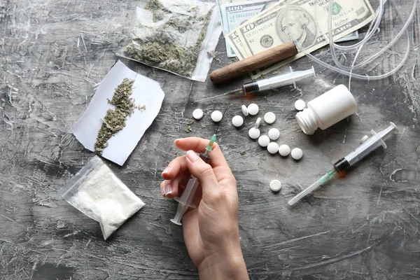 Female Junkie Drugs Grey Table Concept Addiction — Stock Photo, Image