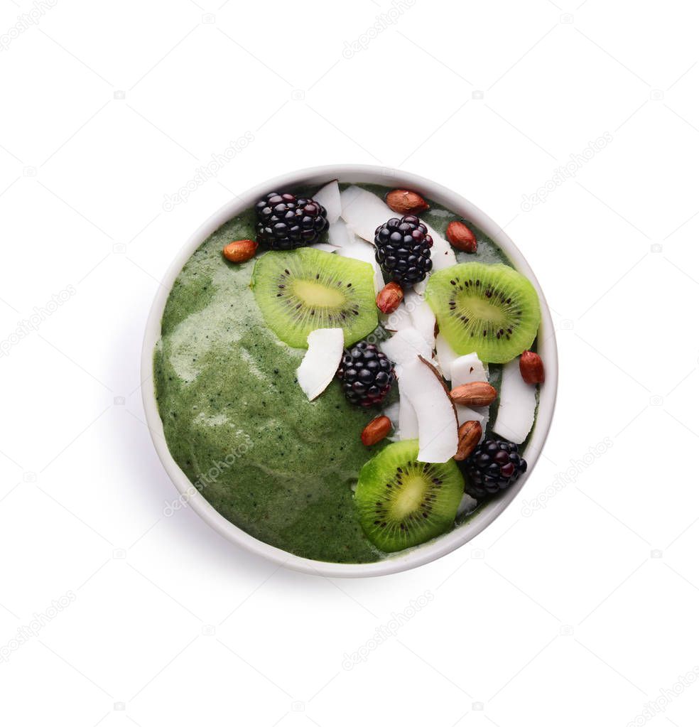 Bowl with tasty spirulina smoothie on white background