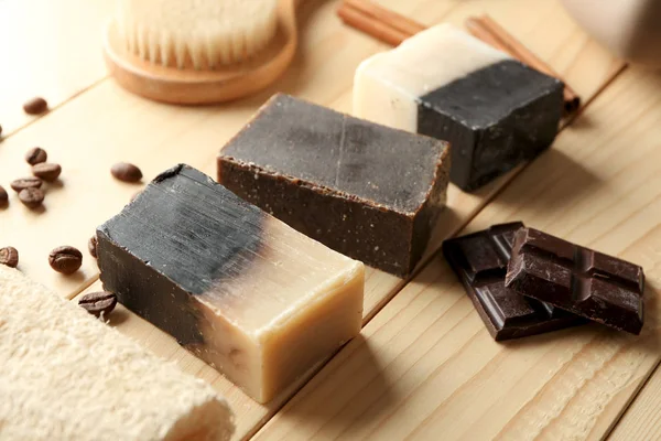 Soap Bars Chocolate Pieces Wooden Table — Stock Photo, Image