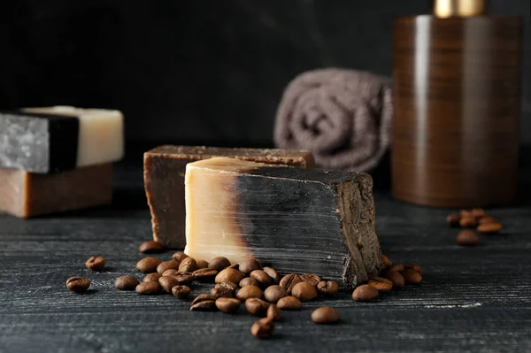 Soap Bars Coffee Beans Dark Wooden Table — Stock Photo, Image