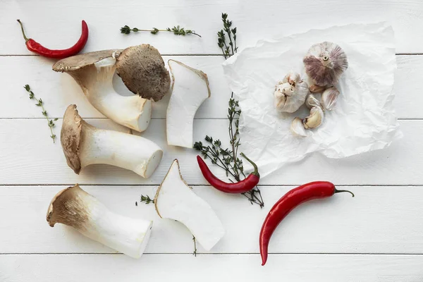 Fresh Mushrooms Vegetables White Wooden Table — Stock Photo, Image