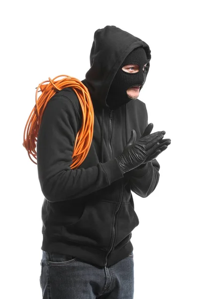 Male Thief Rolled Cable White Background — Stock Photo, Image