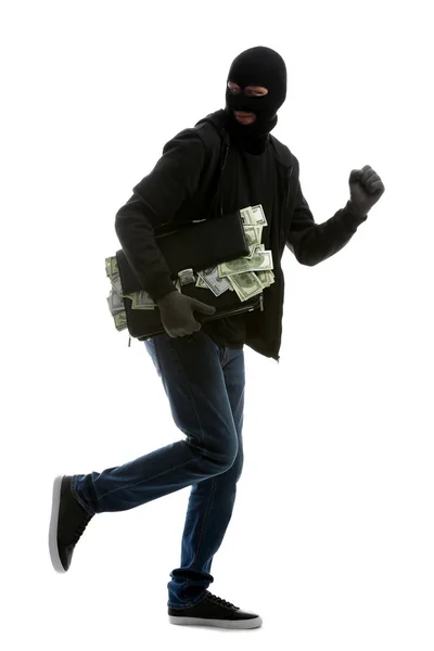 Male Thief Holding Briefcase Money White Background — Stock Photo, Image