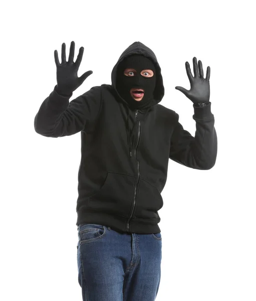 Ladrão Masculino Com Mãos Levantadas Fundo Branco — Fotografia de Stock