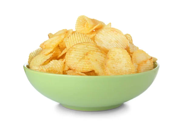 Miska Smaczne Chrupiące Chipsy Białym Tle — Zdjęcie stockowe