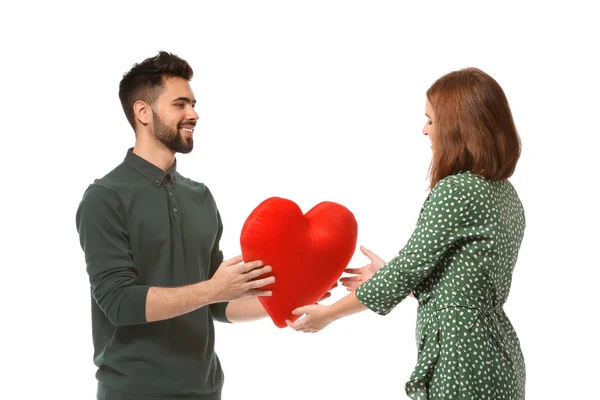 Joven Hombre Dando Corazón Tela Amada Novia Sobre Fondo Blanco —  Fotos de Stock