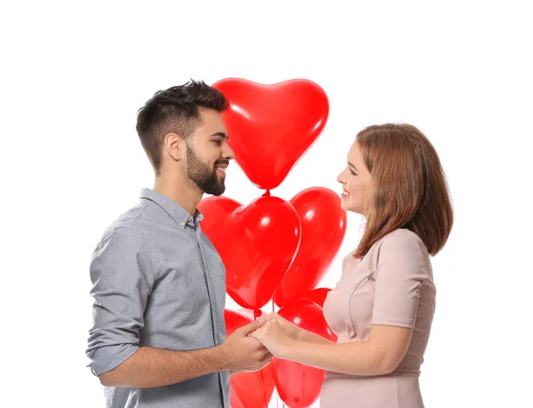 Loving Young Couple Heart Shaped Balloons White Background Celebration Saint — Stock Photo, Image