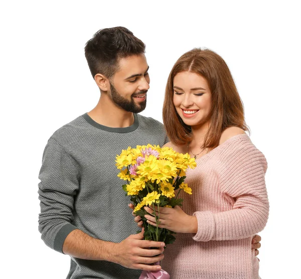 Young Man Giving Beautiful Flowers His Beloved Girlfriend White Background — Stock Photo, Image