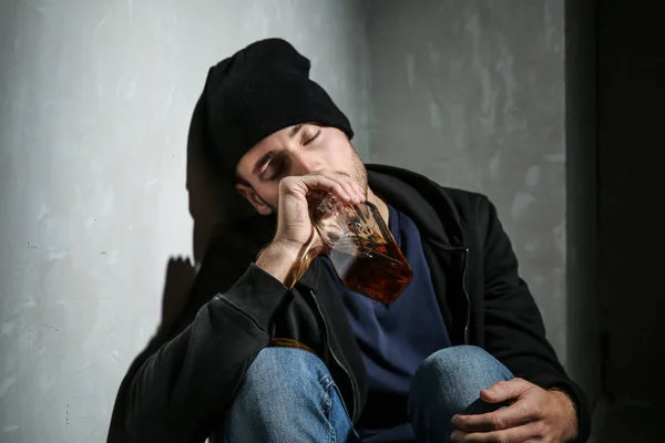 Depressed Young Man Drinking Whiskey Dark Room Alcoholism Concept — Stock Photo, Image
