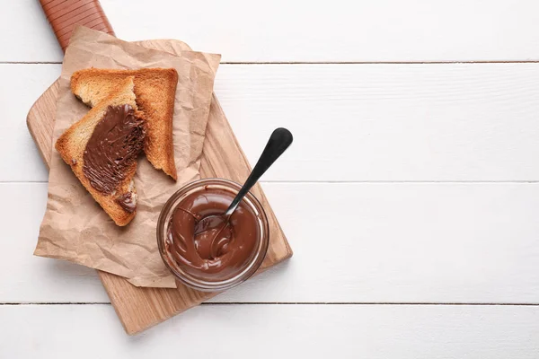 Tasty Toasted Bread Chocolate Sauce Wooden Board — Stock Photo, Image