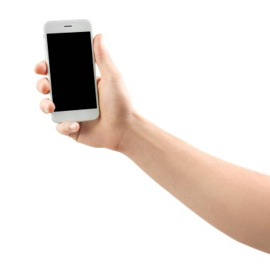 Holding cep telefonu beyaz arka plan üzerinde genç adam