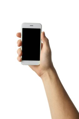 Holding cep telefonu beyaz arka plan üzerinde genç adam