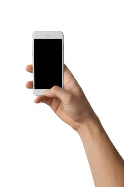 Holding cep telefonu beyaz arka plan üzerinde genç adam