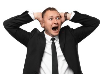 Beyaz arka plan üzerinde panik atak işadamı