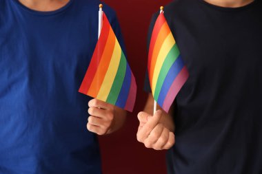 LGBT bayrakları renk arka planda, closeup tutan eşcinsel çift