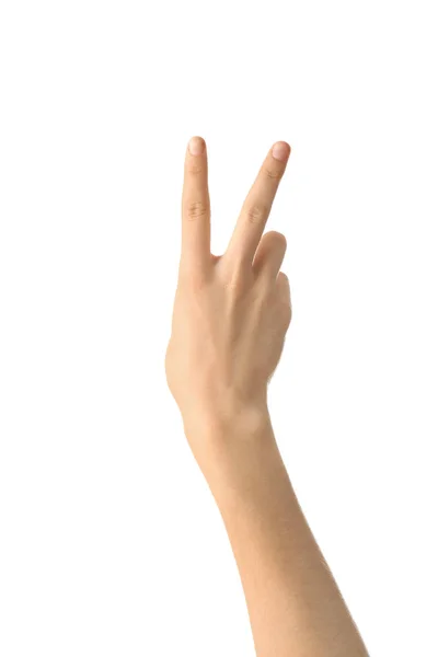 Female Hand Showing Victory Gesture White Background — Stock Photo, Image