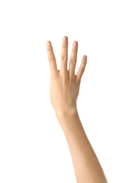 Γυναικείο Χέρι Που Δείχνει Τέσσερα Δάχτυλα Λευκό Φόντο — Φωτογραφία Αρχείου