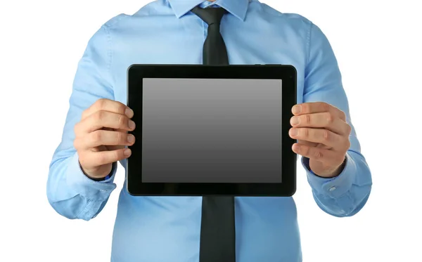 Young Businessman Holding Tablet White Background — Stock Photo, Image