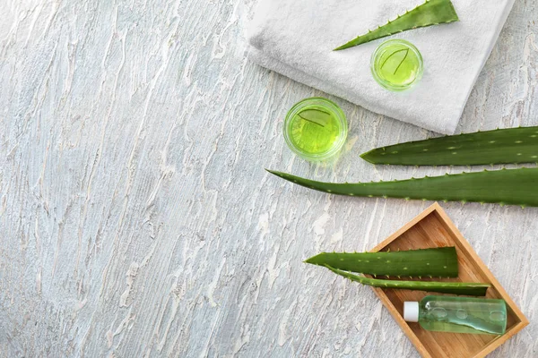 Bowls Gel Aloe Leaves White Wooden Table — Stock Photo, Image