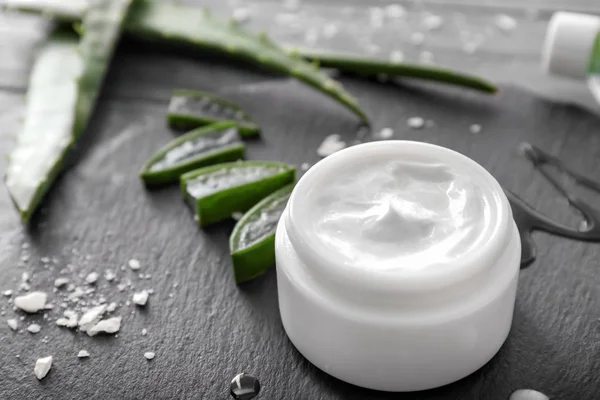 Jar Healing Cream Aloe Slate Plate — Stock Photo, Image