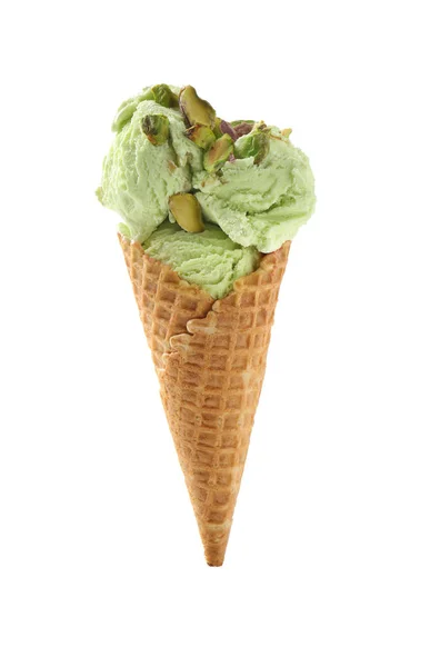 Waffle Cone Delicious Ice Cream Pistachios White Background — Stock Photo, Image