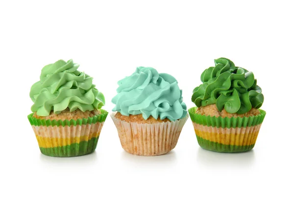 Deliciosos Cupcakes Coloridos Fundo Branco — Fotografia de Stock