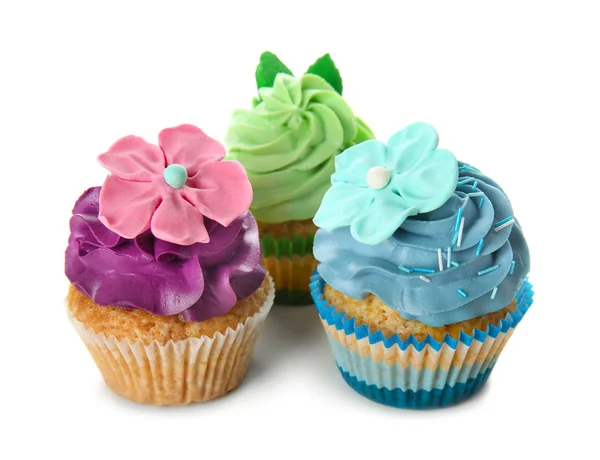 Délicieux Cupcakes Colorés Sur Fond Blanc — Photo