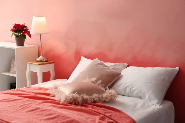 Interior Room Comfortable Bed Pink Wall — Stock Photo, Image