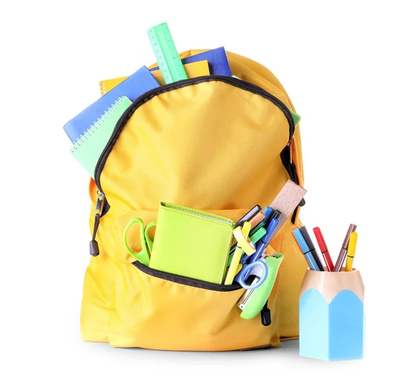 Sac Dos Avec Fournitures Scolaires Sur Fond Blanc — Photo