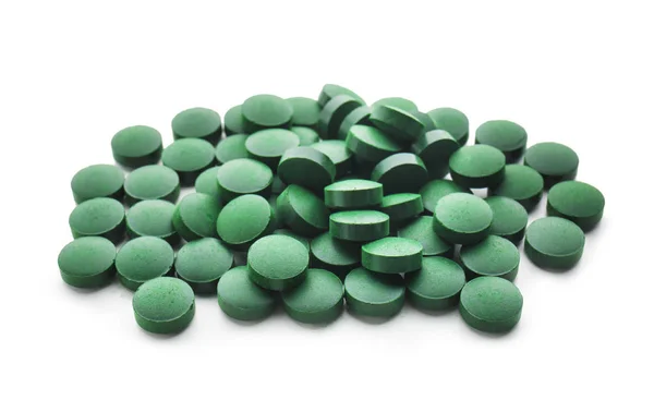 Spirulina Tabletten Witte Achtergrond — Stockfoto