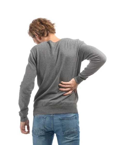 Young Man Suffering Back Pain White Background — Stock Photo, Image