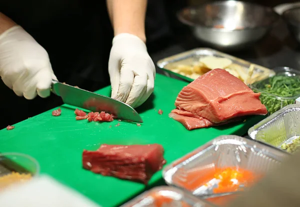 Chef Preparing Dish Fresh Tuna Table Kitchen — Stock Photo, Image