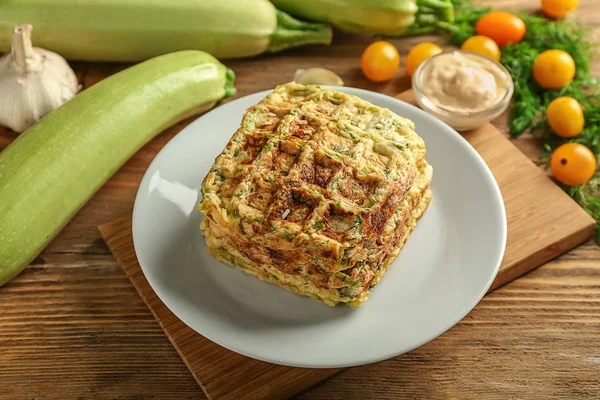 Plate Tasty Squash Waffles Wooden Table — Stock Photo, Image