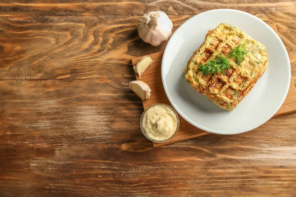 Plate Tasty Squash Waffles Wooden Table — Stock Photo, Image