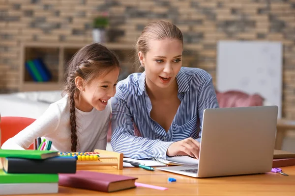 Cute Girl Mother Doing Homework Home — Stock Photo, Image