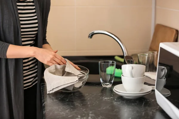 Woman Wiping Glass Bowl Kitchen Towel Indoors — Stock Photo, Image