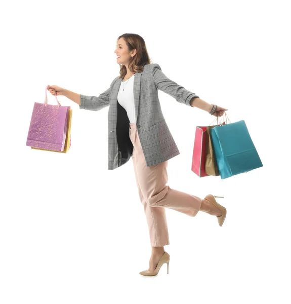 Mooie Jonge Vrouw Met Boodschappentassen Witte Achtergrond — Stockfoto