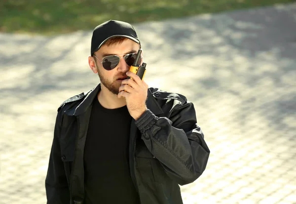 Male Security Guard Portable Radio Transmitter Outdoors — Stock Photo, Image