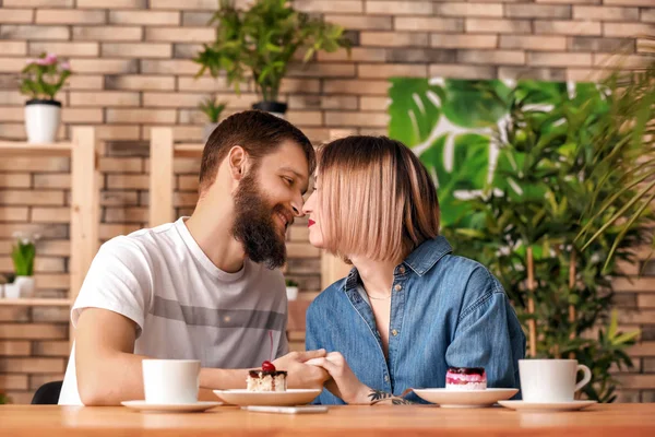 Loving Young Couple Romantic Date Cafe — Stock Photo, Image