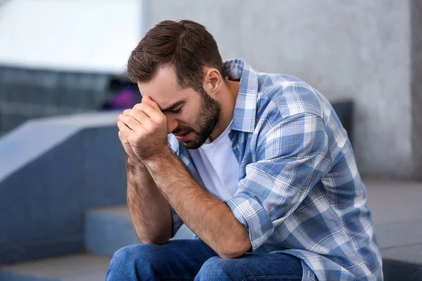 Portrait Stressed Young Man Outdoors — Stock Photo, Image