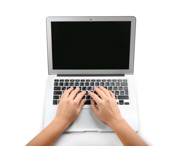 Mulher Usando Laptop Fundo Branco — Fotografia de Stock